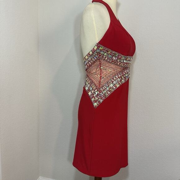 Vintage TONY BOWLS Sequin Cut Out Red Halter Cocktail Dress Pageant HOCO Formal - Picture 8 of 17